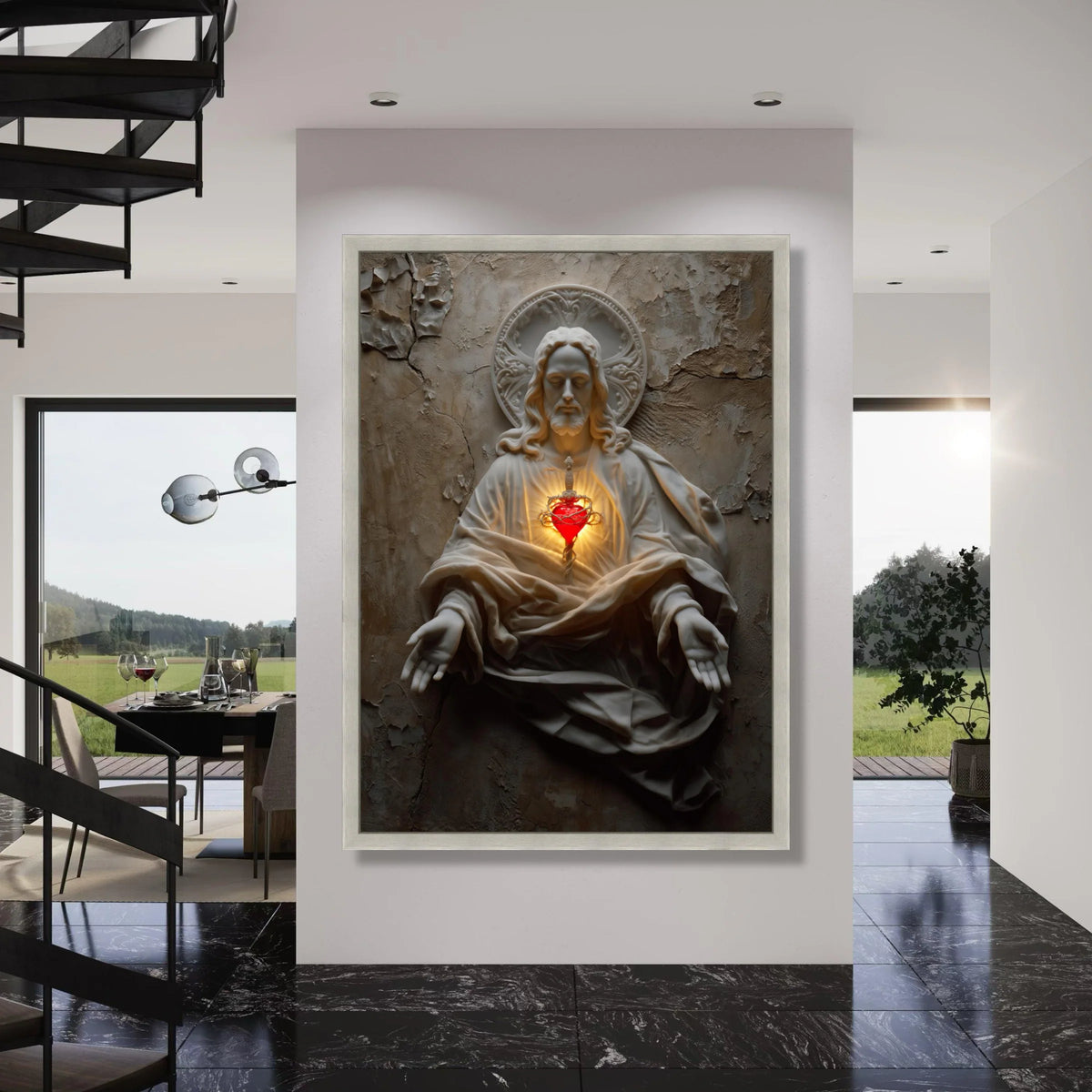 Sacred Heart Jesus Statue Canvas, Religious Wall Art, Spiritual Christian Decor, Prayer Room Canvas, Inspirational Home Decoration Print Art
