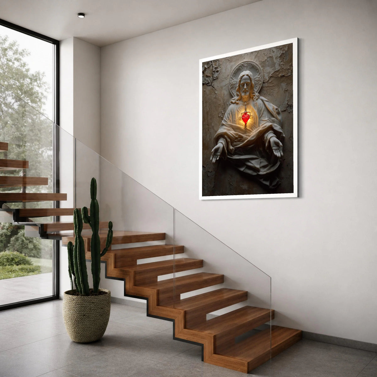 Sacred Heart Jesus Statue Canvas, Religious Wall Art, Spiritual Christian Decor, Prayer Room Canvas, Inspirational Home Decoration Print Art