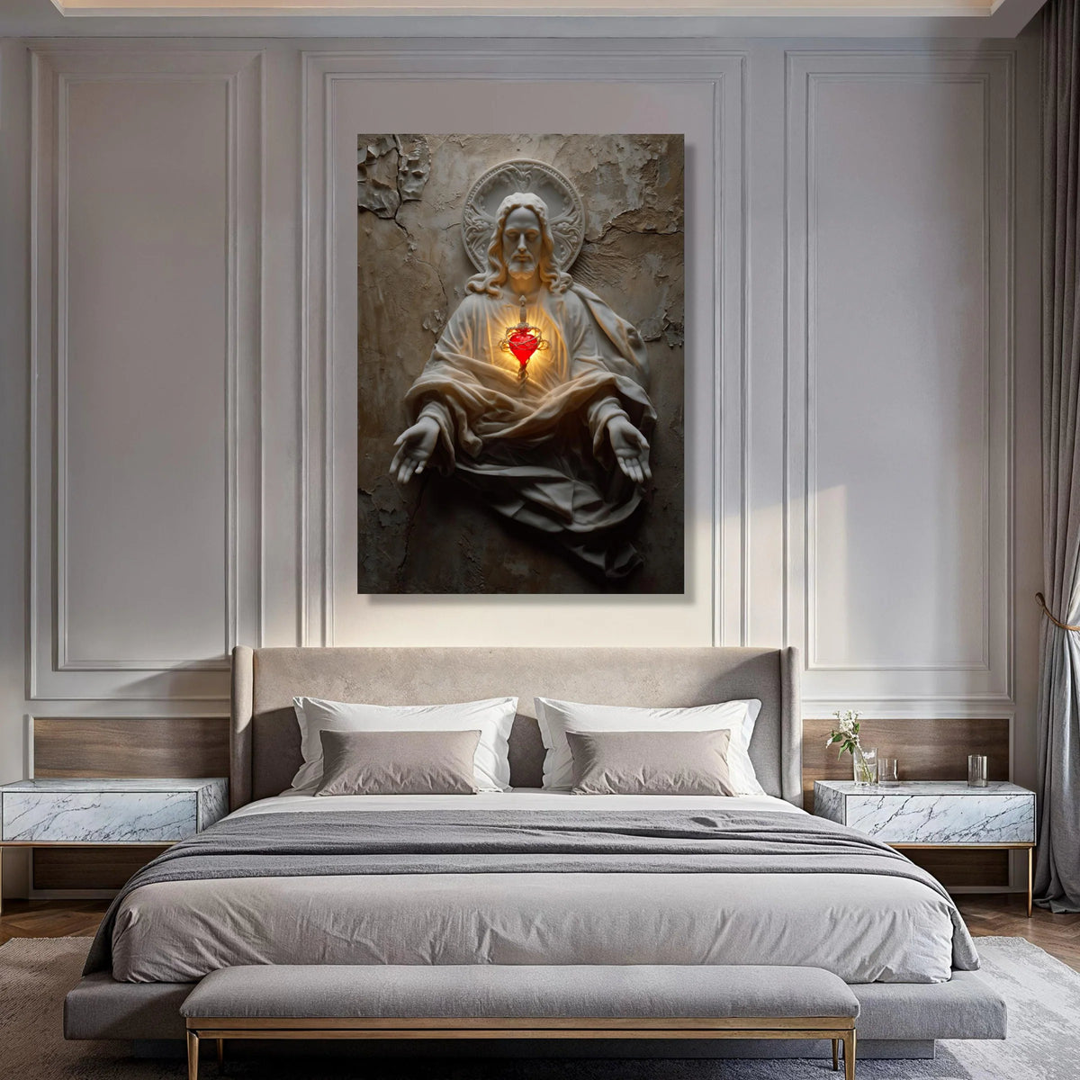 Sacred Heart Jesus Statue Canvas, Religious Wall Art, Spiritual Christian Decor, Prayer Room Canvas, Inspirational Home Decoration Print Art