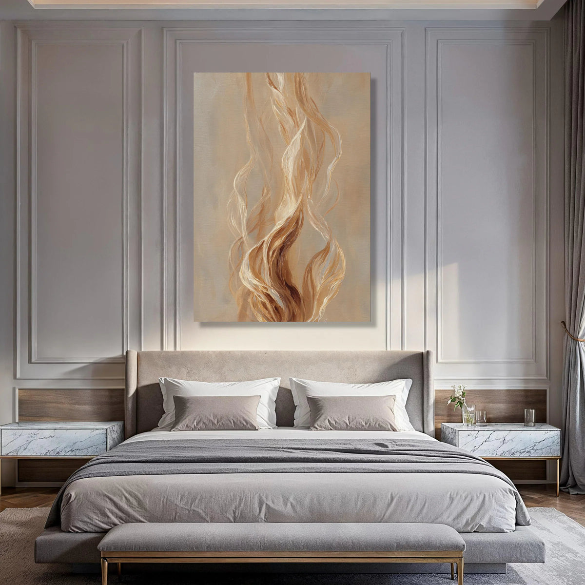 Elegant Neutral Abstract Flow Canvas, Modern Organic Lines Wall Art, Warm Beige Tones Decor, Contemporary Home Decoration Print Art