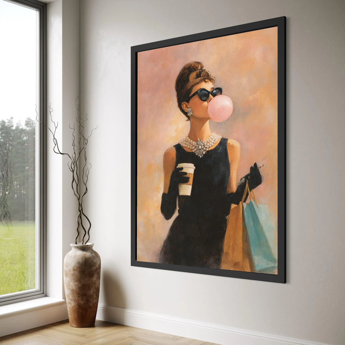 Elegant Woman with Bubblegum and Coffee Canvas, Vintage Fashion Wall Art, Chic Shopping Scene, Retro Glamour Canvas Decoration Print Art