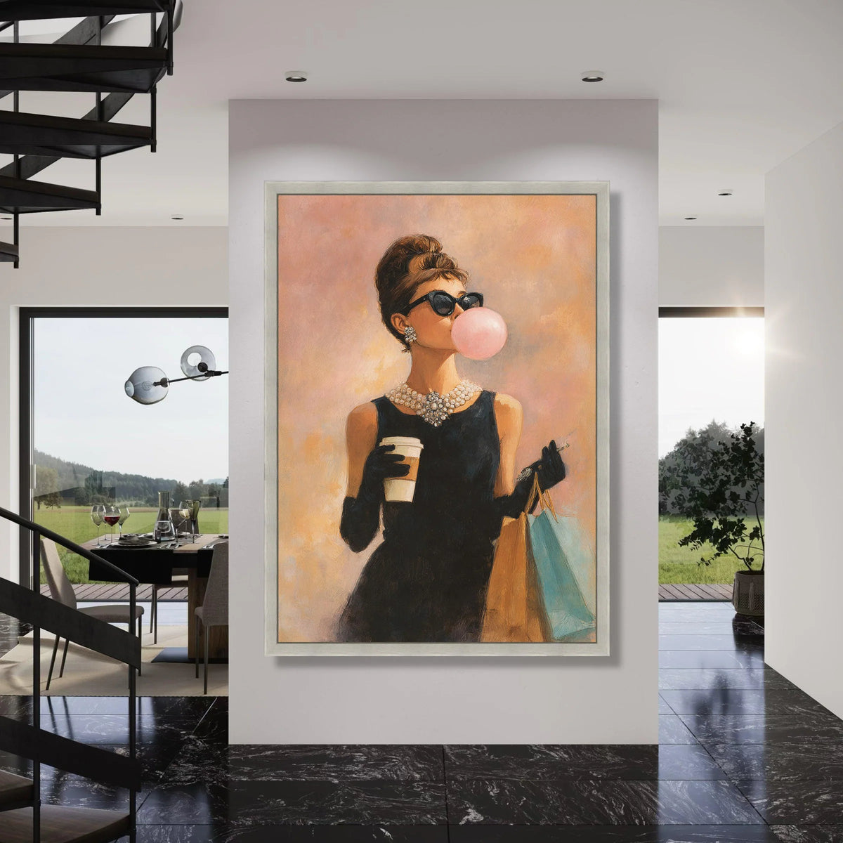 Elegant Woman with Bubblegum and Coffee Canvas, Vintage Fashion Wall Art, Chic Shopping Scene, Retro Glamour Canvas Decoration Print Art