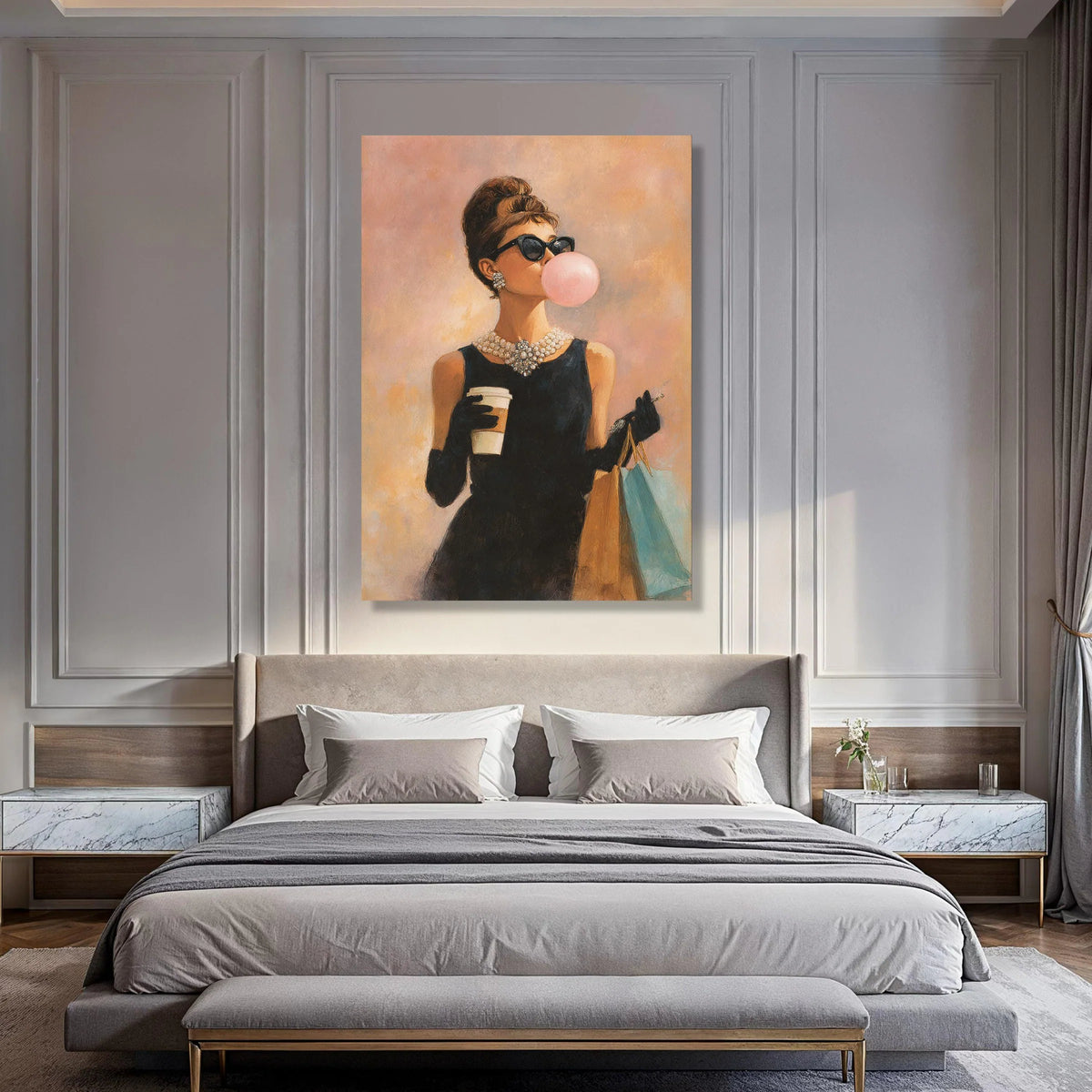 Elegant Woman with Bubblegum and Coffee Canvas, Vintage Fashion Wall Art, Chic Shopping Scene, Retro Glamour Canvas Decoration Print Art