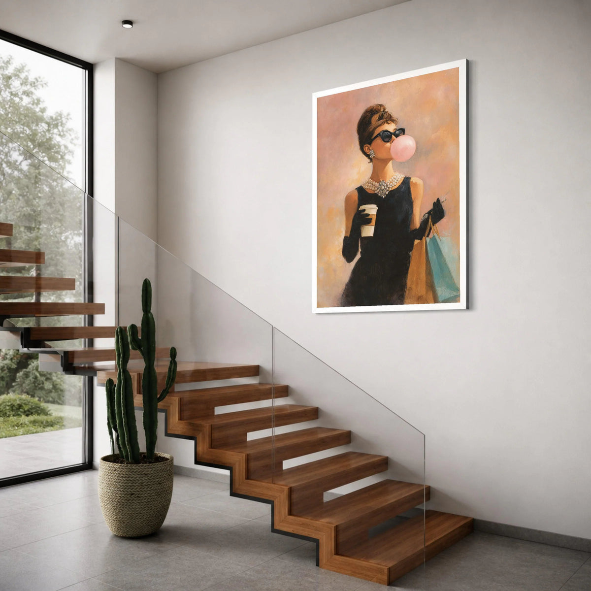 Elegant Woman with Bubblegum and Coffee Canvas, Vintage Fashion Wall Art, Chic Shopping Scene, Retro Glamour Canvas Decoration Print Art