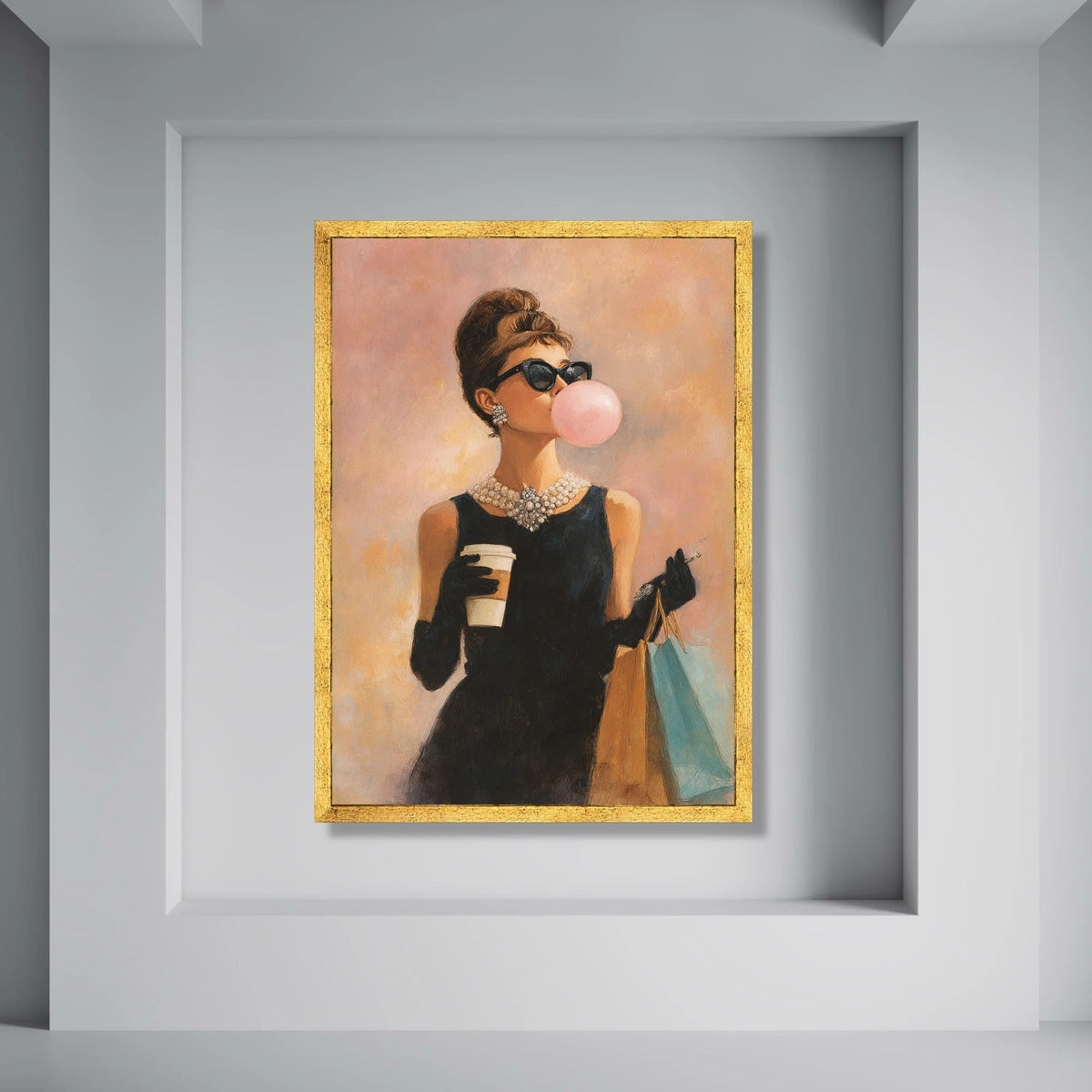 Elegant Woman with Bubblegum and Coffee Canvas, Vintage Fashion Wall Art, Chic Shopping Scene, Retro Glamour Canvas Decoration Print Art