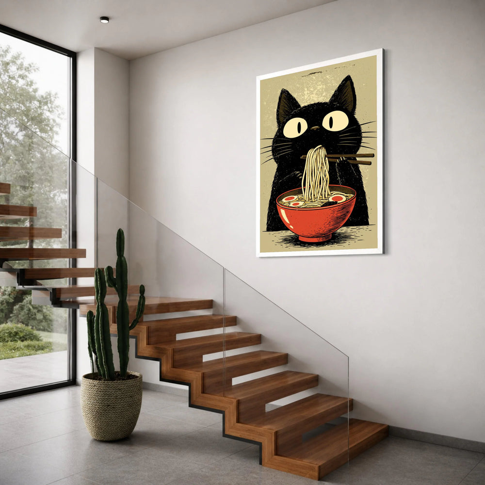 Whimsical Black Cat Eating Noodles Canvas, Cute Animal Wall Art, Ramen Bowl Illustration, Fun Kitchen Decor, Playful Home Print Art