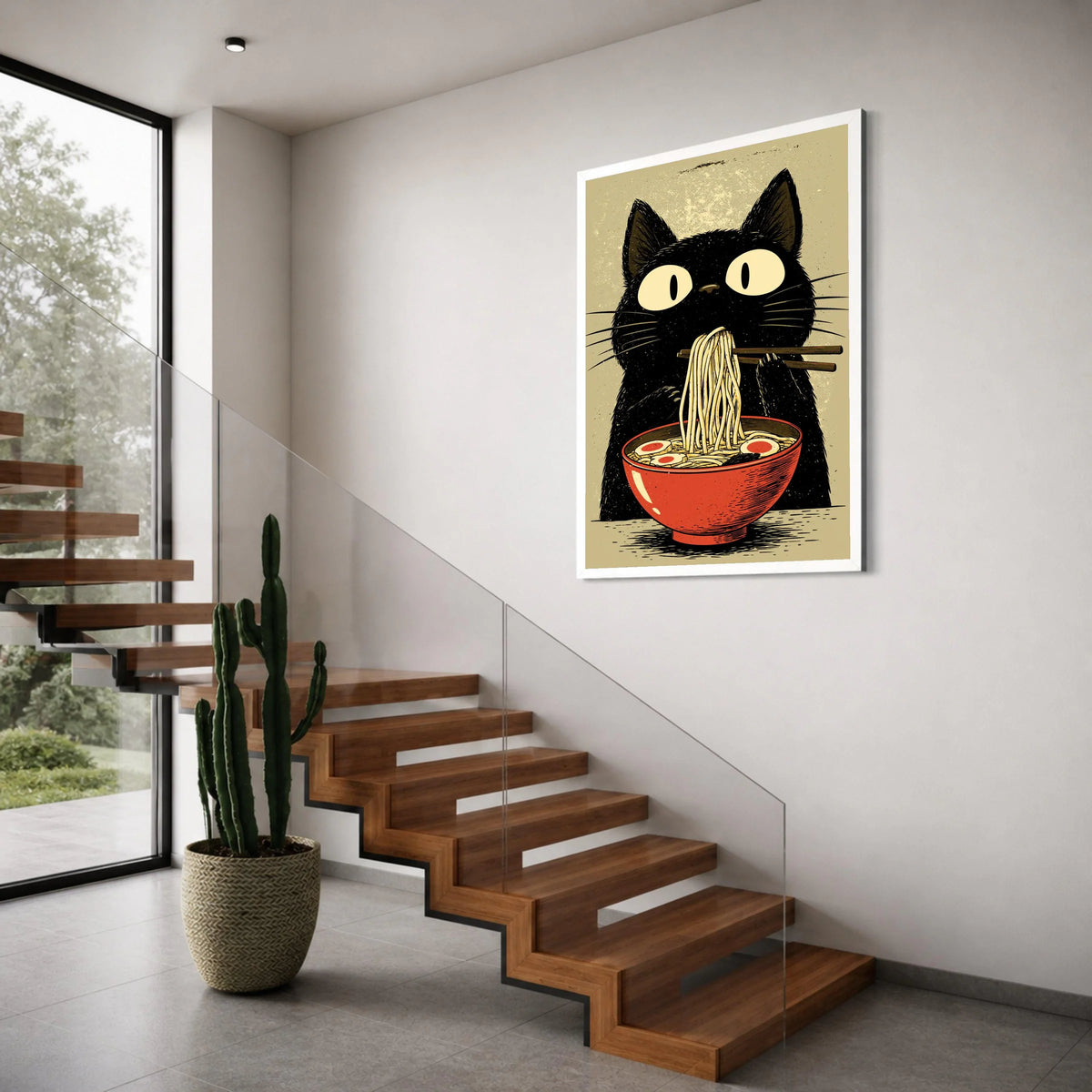 Whimsical Black Cat Eating Noodles Canvas, Cute Animal Wall Art, Ramen Bowl Illustration, Fun Kitchen Decor, Playful Home Print Art