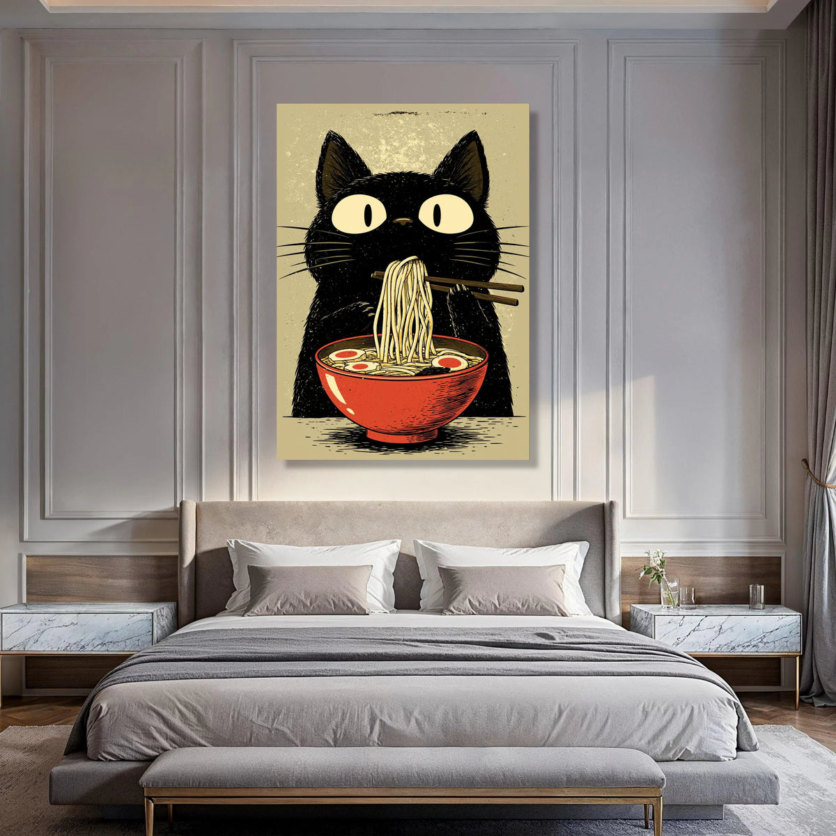 Whimsical Black Cat Eating Noodles Canvas, Cute Animal Wall Art, Ramen Bowl Illustration, Fun Kitchen Decor, Playful Home Print Art