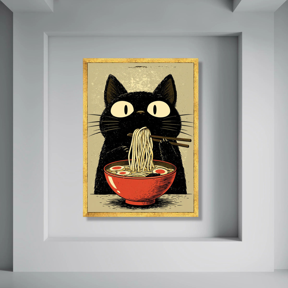 Whimsical Black Cat Eating Noodles Canvas, Cute Animal Wall Art, Ramen Bowl Illustration, Fun Kitchen Decor, Playful Home Print Art