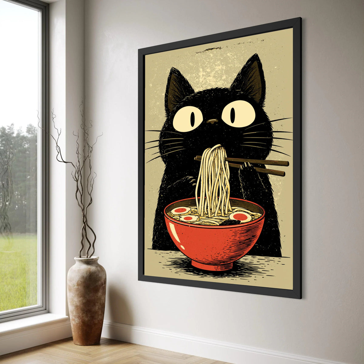 Whimsical Black Cat Eating Noodles Canvas, Cute Animal Wall Art, Ramen Bowl Illustration, Fun Kitchen Decor, Playful Home Print Art