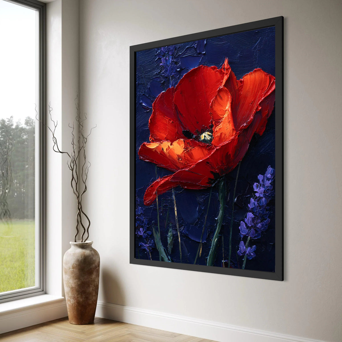 Vibrant Red Poppy Canvas Wall Art, Floral Artwork with Purple Lavender, Bold Botanical Canvas, Home Decoration Flower Print Print Art