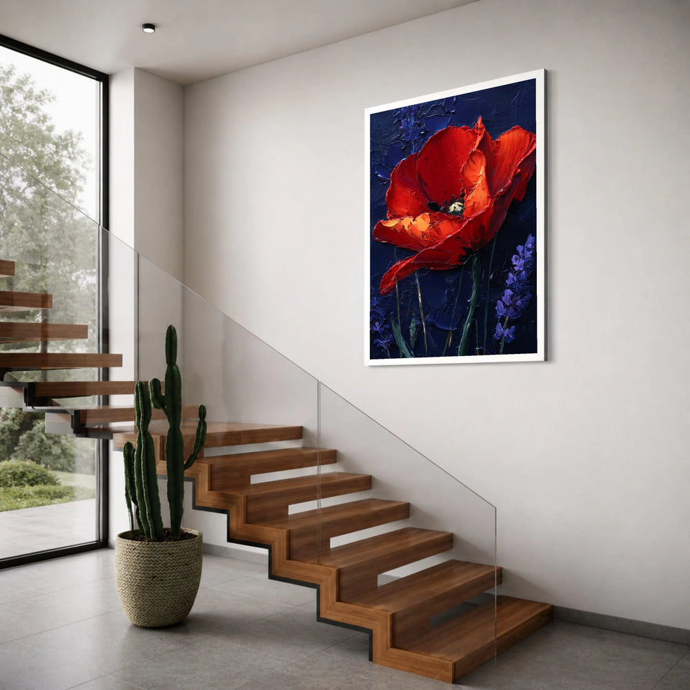 Vibrant Red Poppy Canvas Wall Art, Floral Artwork with Purple Lavender, Bold Botanical Canvas, Home Decoration Flower Print Print Art