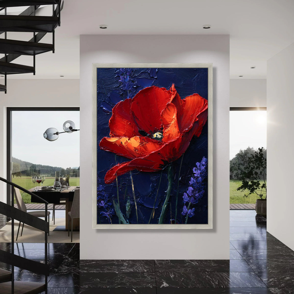 Vibrant Red Poppy Canvas Wall Art, Floral Artwork with Purple Lavender, Bold Botanical Canvas, Home Decoration Flower Print Print Art