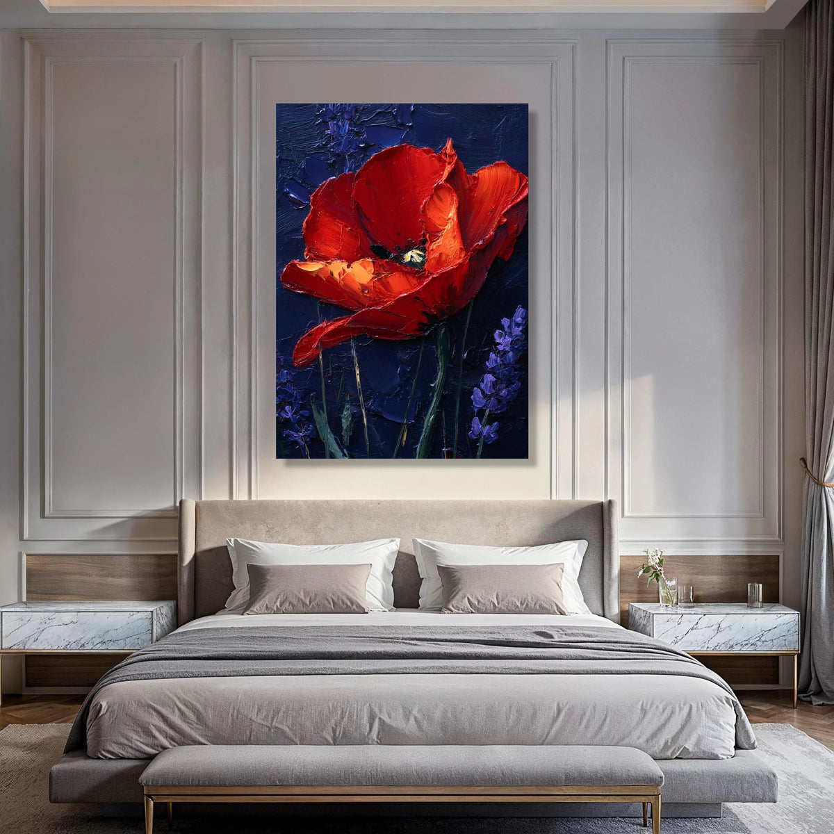 Vibrant Red Poppy Canvas Wall Art, Floral Artwork with Purple Lavender, Bold Botanical Canvas, Home Decoration Flower Print Print Art