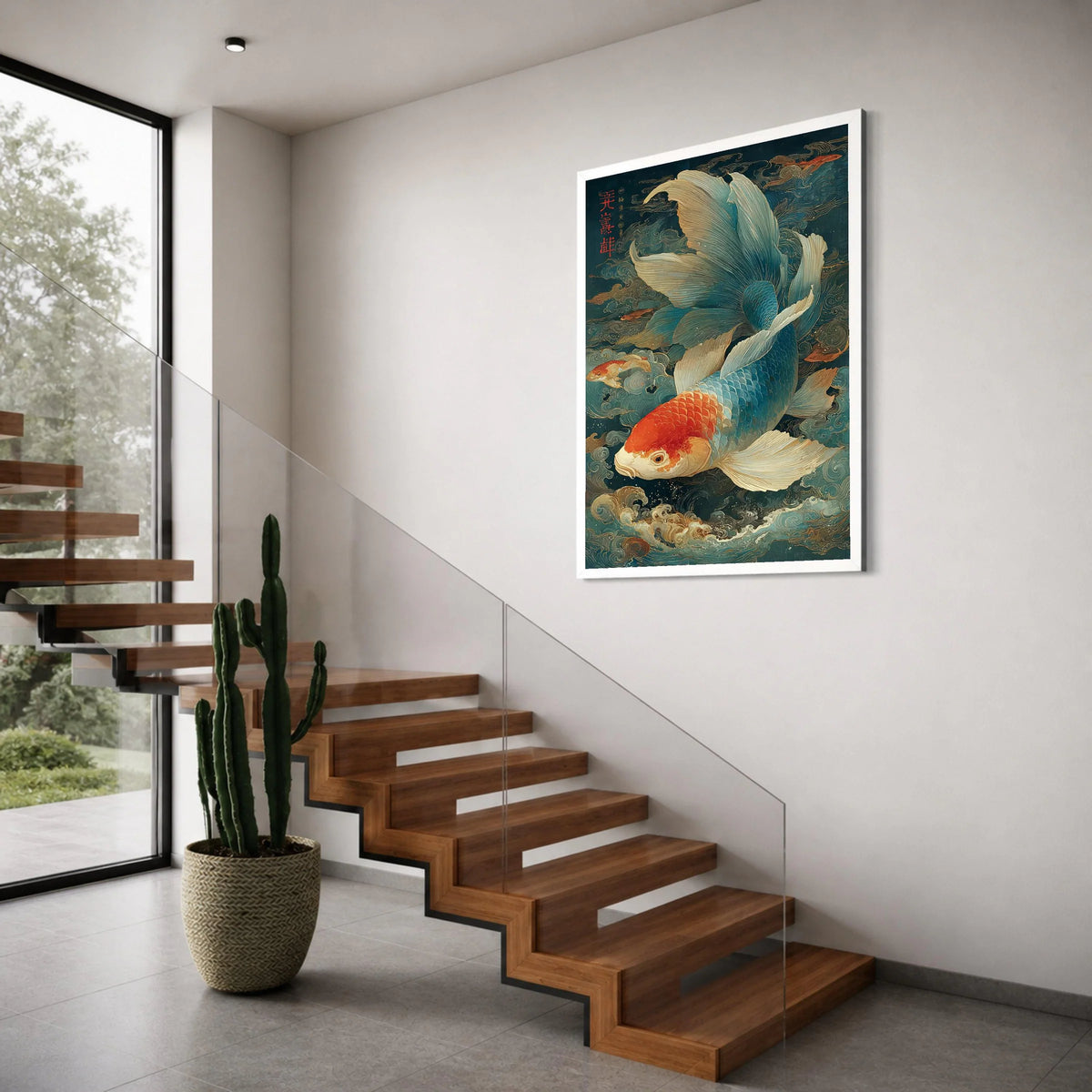 Vibrant Koi Fish Canvas, Japanese Art Wall Decor, Colorful Fish Illustration, Water Wave Painting, Home Canvas Decoration Print Art