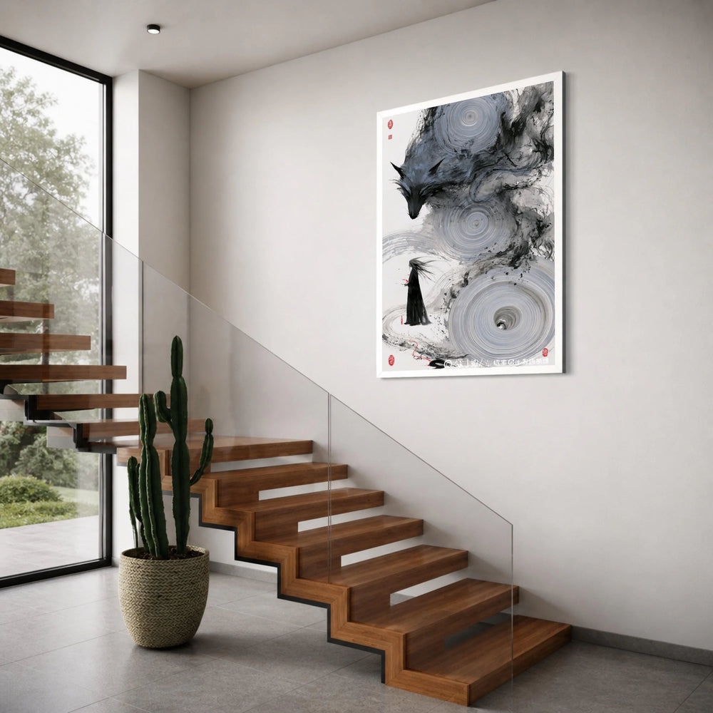 Mystical Fox Spirit Canvas, Zen Ink Painting Wall Art, Japanese Sumi-e Style, Ethereal Forest Scene Canvas Decoration Print Art