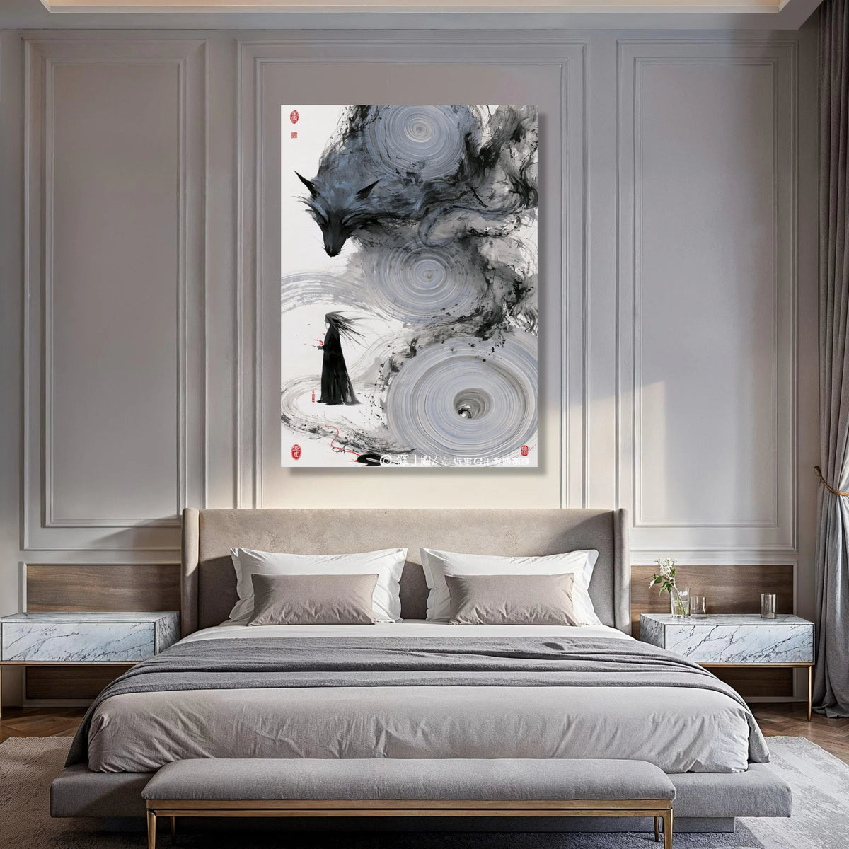 Mystical Fox Spirit Canvas, Zen Ink Painting Wall Art, Japanese Sumi-e Style, Ethereal Forest Scene Canvas Decoration Print Art