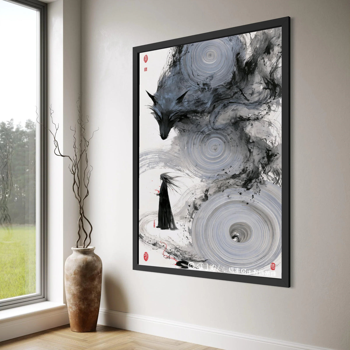 Mystical Fox Spirit Canvas, Zen Ink Painting Wall Art, Japanese Sumi-e Style, Ethereal Forest Scene Canvas Decoration Print Art