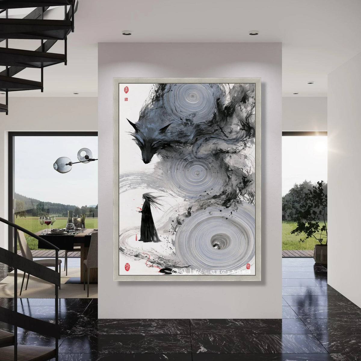 Mystical Fox Spirit Canvas, Zen Ink Painting Wall Art, Japanese Sumi-e Style, Ethereal Forest Scene Canvas Decoration Print Art