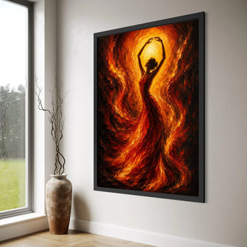 Fiery Dance Silhouette Canvas, Abstract Woman Art, Flaming Red Gold Wall Decoration, Dynamic Movement Canvas, Home Living Room Art Print Art