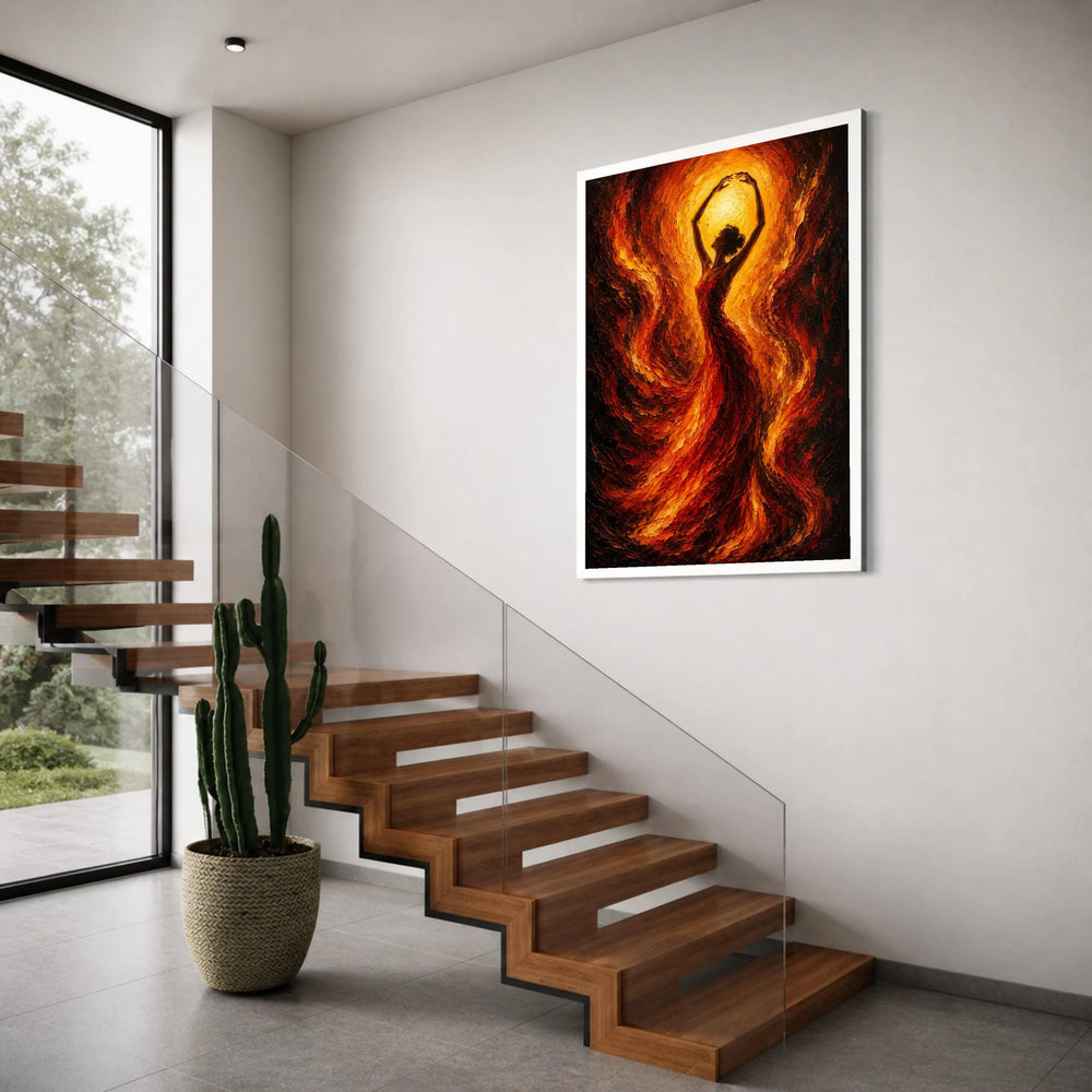Fiery Dance Silhouette Canvas, Abstract Woman Art, Flaming Red Gold Wall Decoration, Dynamic Movement Canvas, Home Living Room Art Print Art