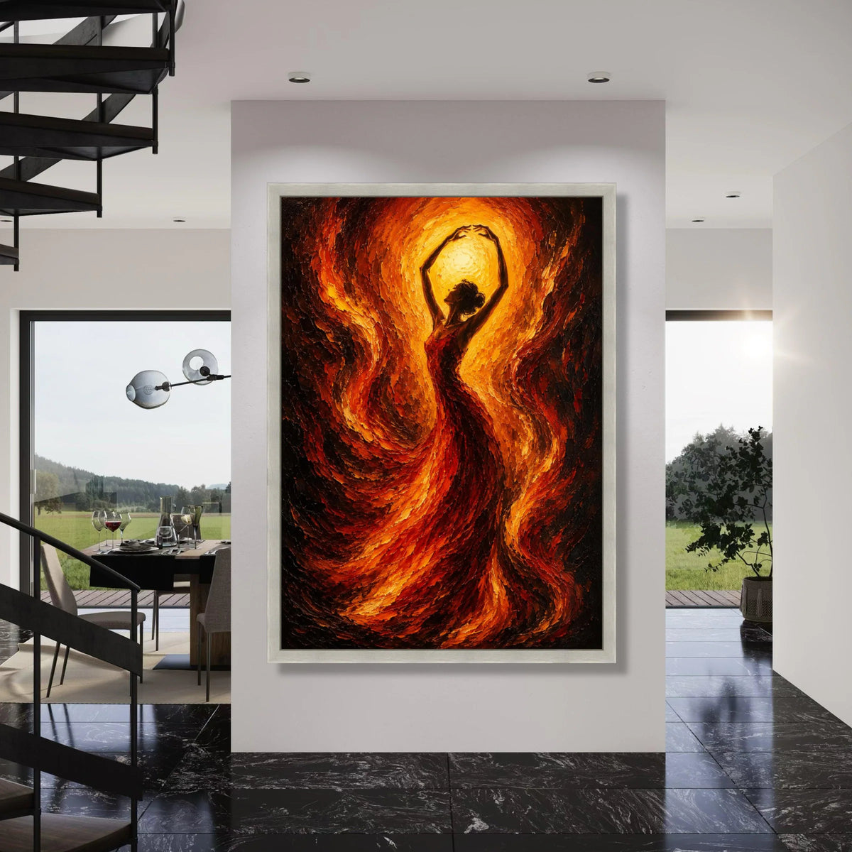 Fiery Dance Silhouette Canvas, Abstract Woman Art, Flaming Red Gold Wall Decoration, Dynamic Movement Canvas, Home Living Room Art Print Art