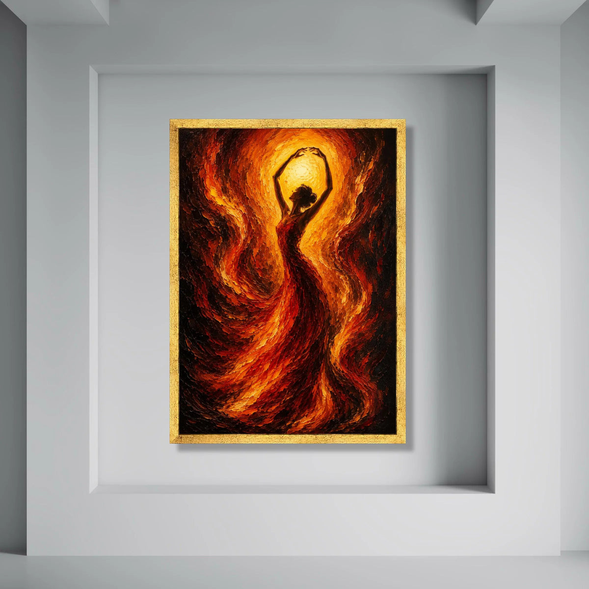Fiery Dance Silhouette Canvas, Abstract Woman Art, Flaming Red Gold Wall Decoration, Dynamic Movement Canvas, Home Living Room Art Print Art
