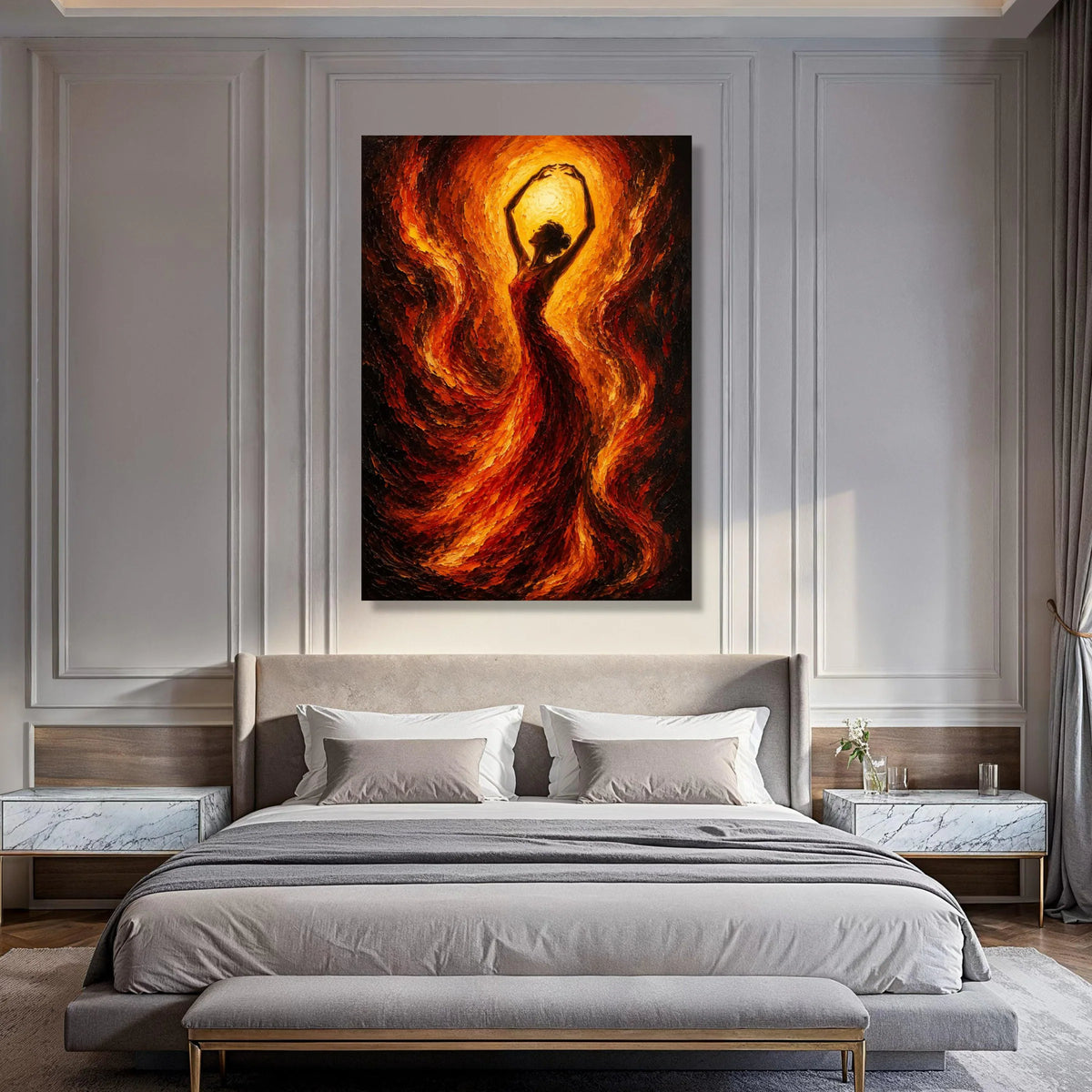 Fiery Dance Silhouette Canvas, Abstract Woman Art, Flaming Red Gold Wall Decoration, Dynamic Movement Canvas, Home Living Room Art Print Art