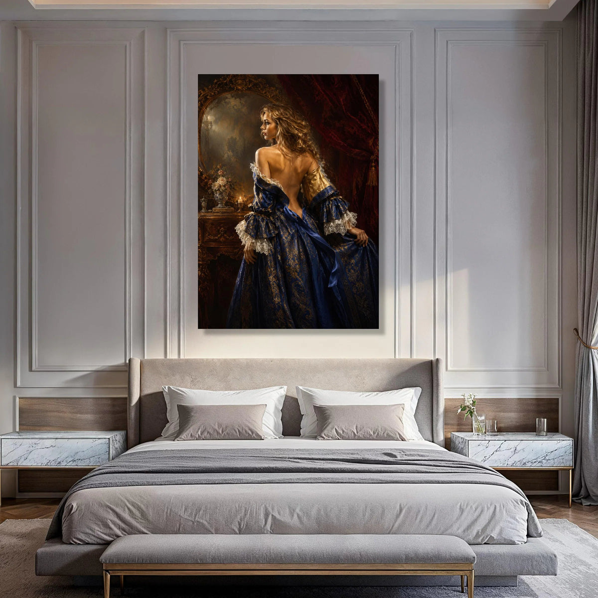 Elegant Renaissance Woman Canvas, Baroque Style Portrait, Vintage Blue Dress Wall Art, Classic Home Decoration, Luxurious Interior Print Art