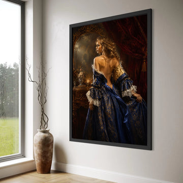 Elegant Renaissance Woman Canvas, Baroque Style Portrait, Vintage Blue Dress Wall Art, Classic Home Decoration, Luxurious Interior Print Art