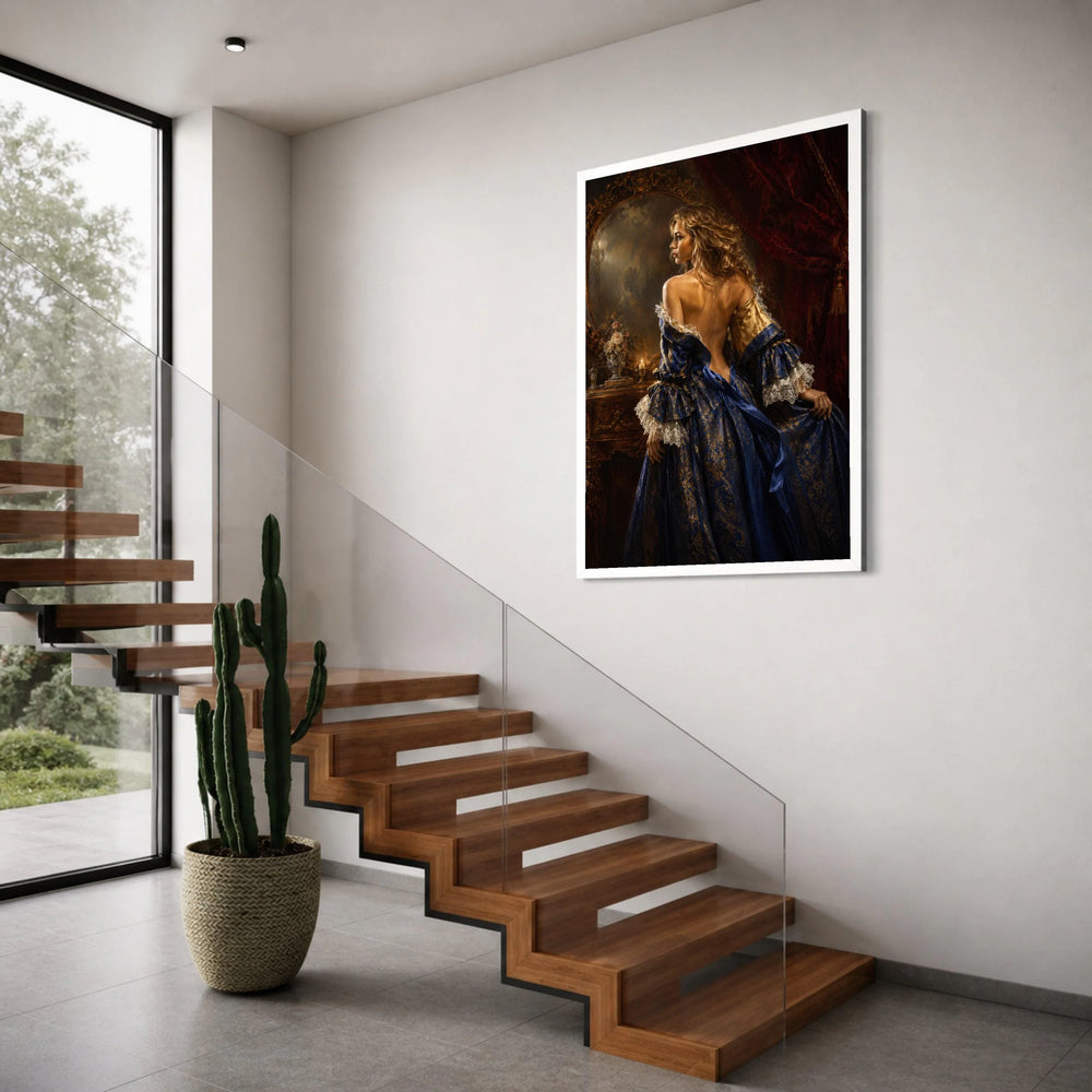 Elegant Renaissance Woman Canvas, Baroque Style Portrait, Vintage Blue Dress Wall Art, Classic Home Decoration, Luxurious Interior Print Art