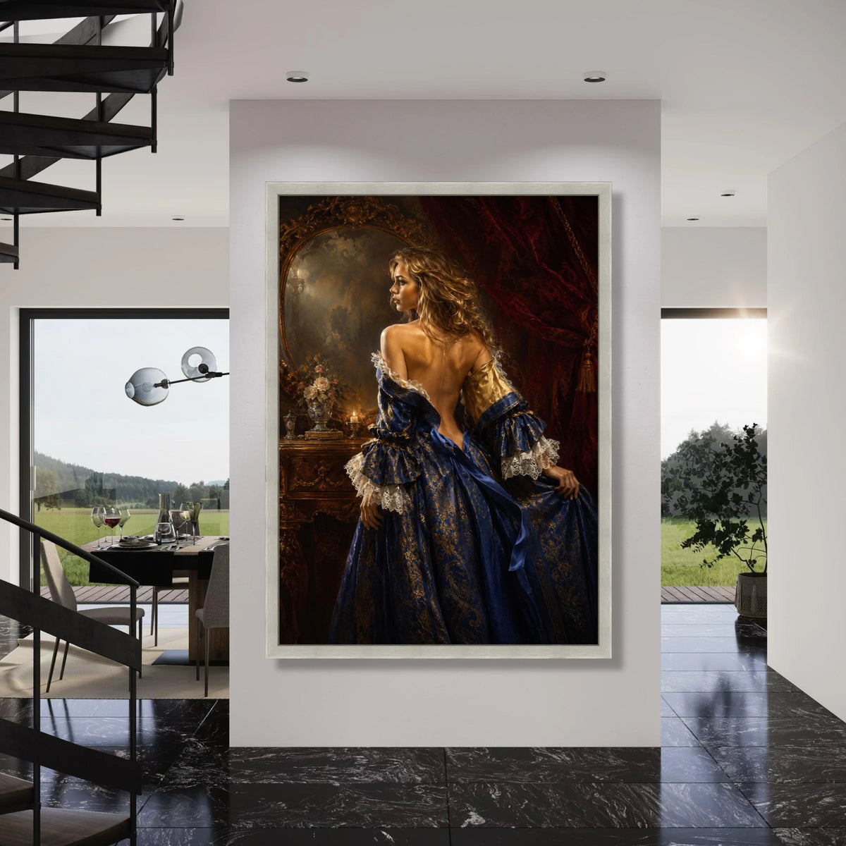 Elegant Renaissance Woman Canvas, Baroque Style Portrait, Vintage Blue Dress Wall Art, Classic Home Decoration, Luxurious Interior Print Art