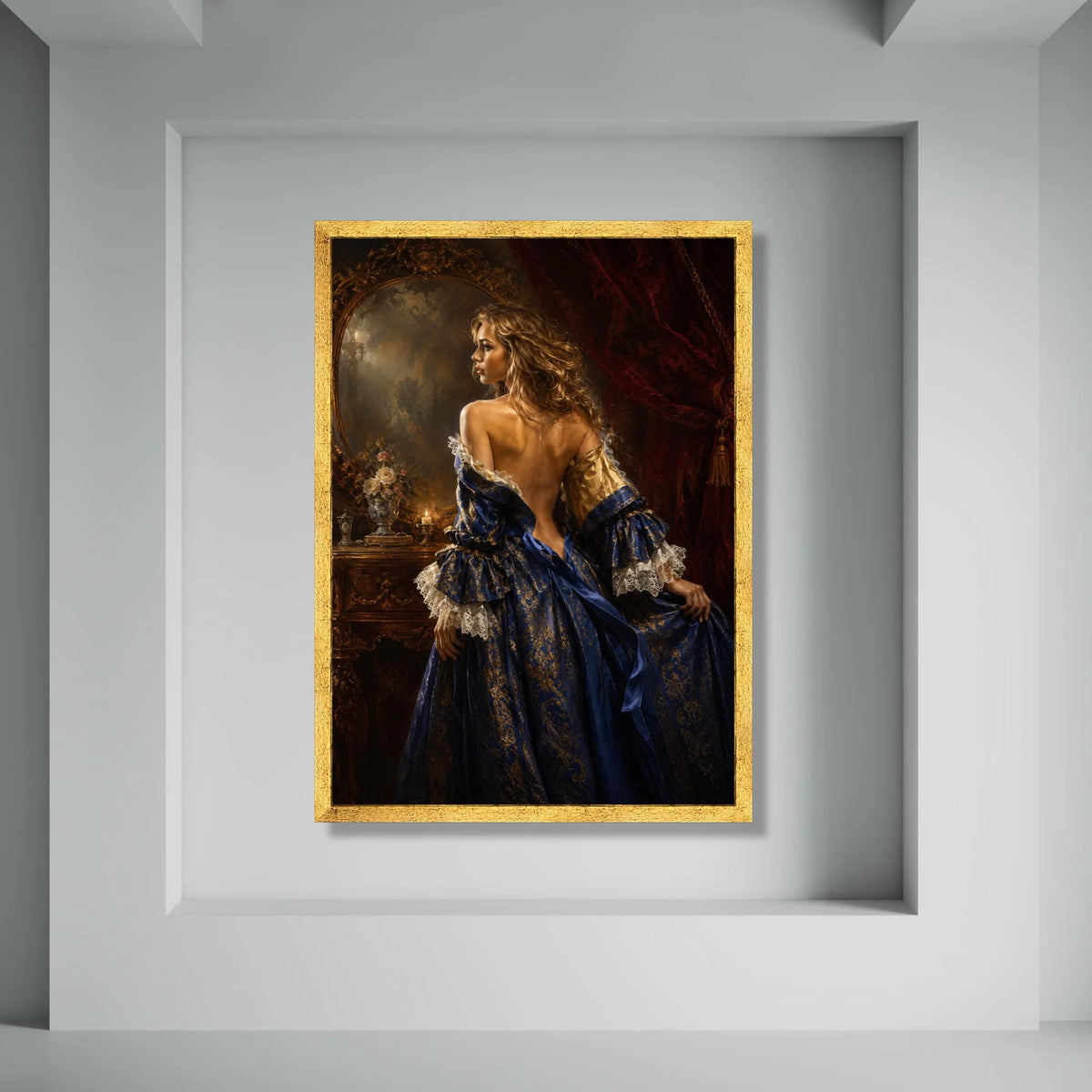 Elegant Renaissance Woman Canvas, Baroque Style Portrait, Vintage Blue Dress Wall Art, Classic Home Decoration, Luxurious Interior Print Art