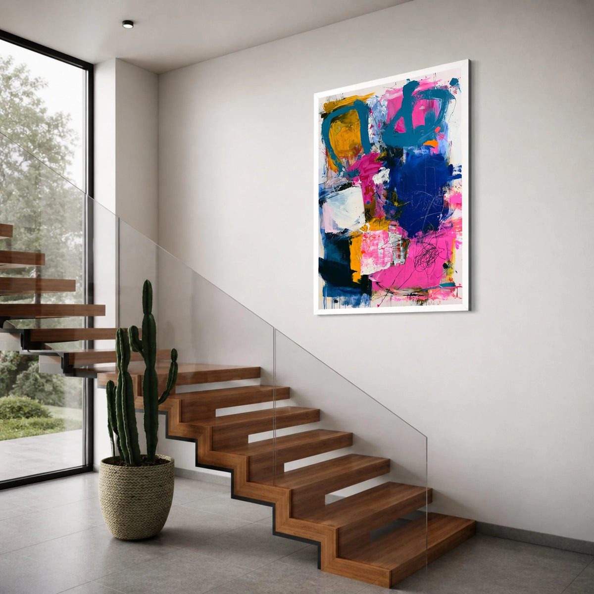 Vibrant Abstract Canvas Wall Art, Colorful Modern Painting, Pink Blue Yellow Artwork, Contemporary Home Decoration, Ready to Hang Print Art