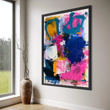 Vibrant Abstract Canvas Wall Art, Colorful Modern Painting, Pink Blue Yellow Artwork, Contemporary Home Decoration, Ready to Hang Print Art