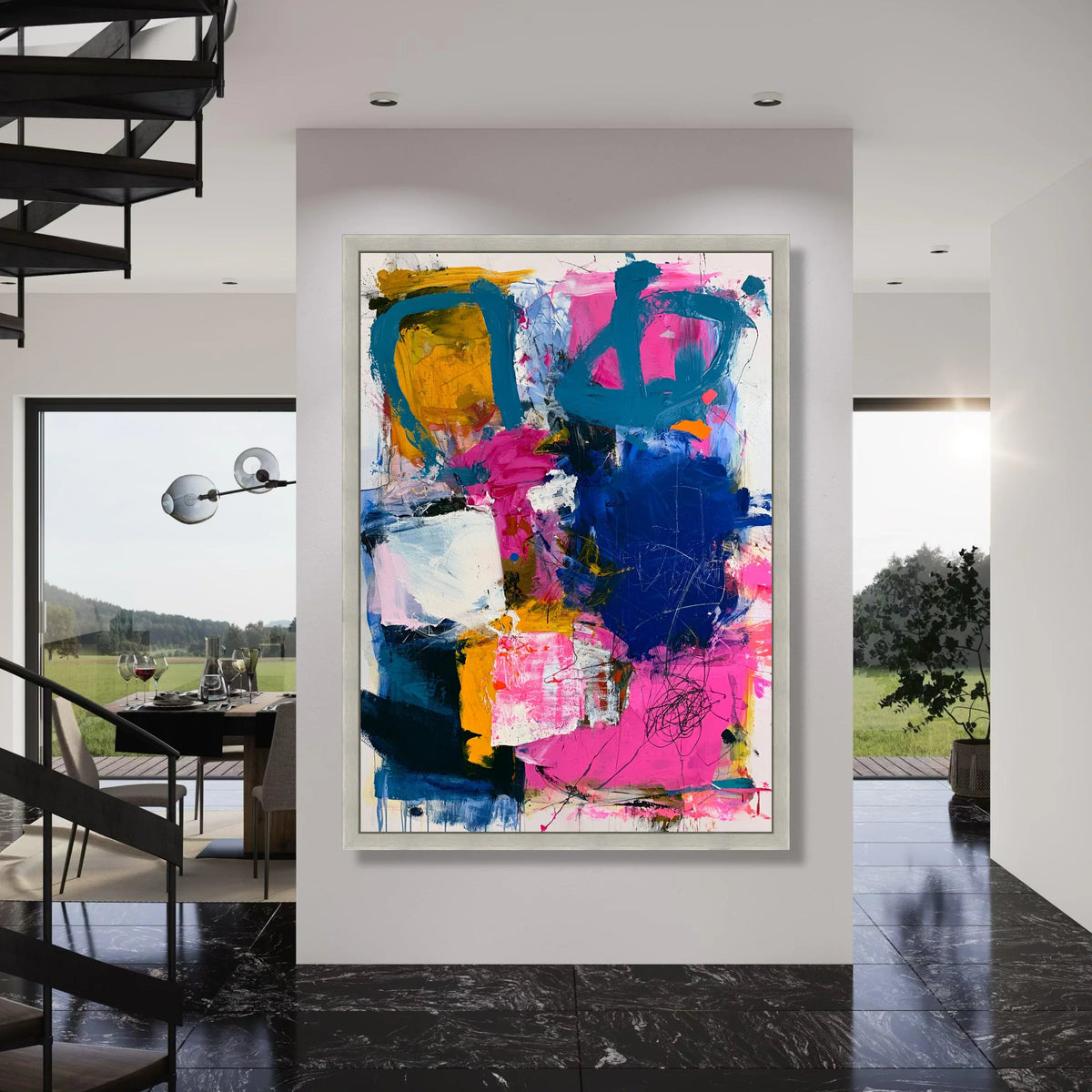 Vibrant Abstract Canvas Wall Art, Colorful Modern Painting, Pink Blue Yellow Artwork, Contemporary Home Decoration, Ready to Hang Print Art