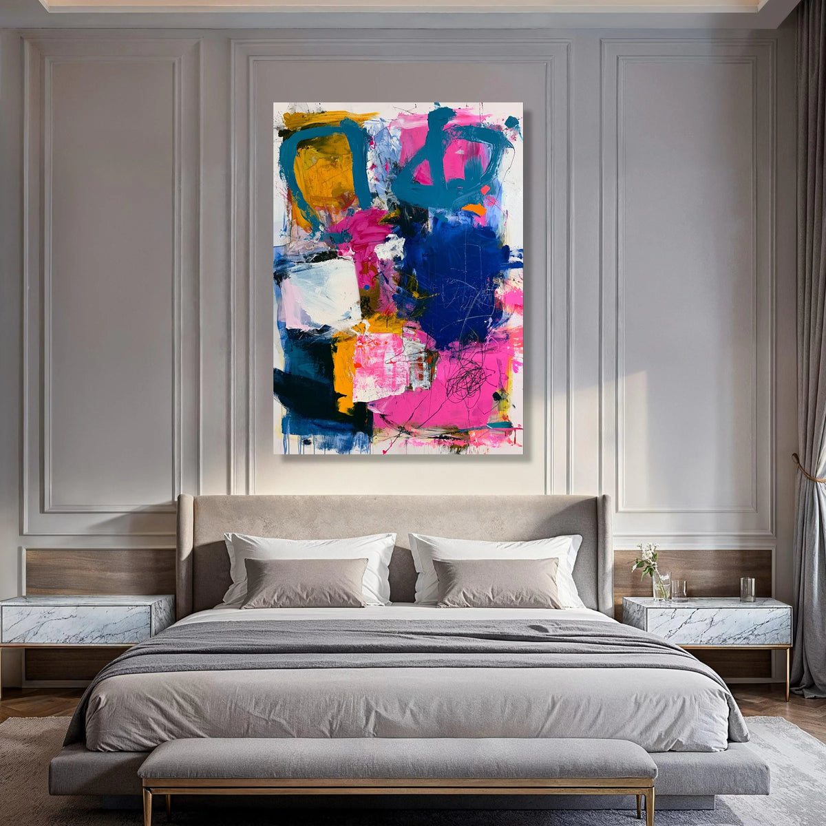 Vibrant Abstract Canvas Wall Art, Colorful Modern Painting, Pink Blue Yellow Artwork, Contemporary Home Decoration, Ready to Hang Print Art