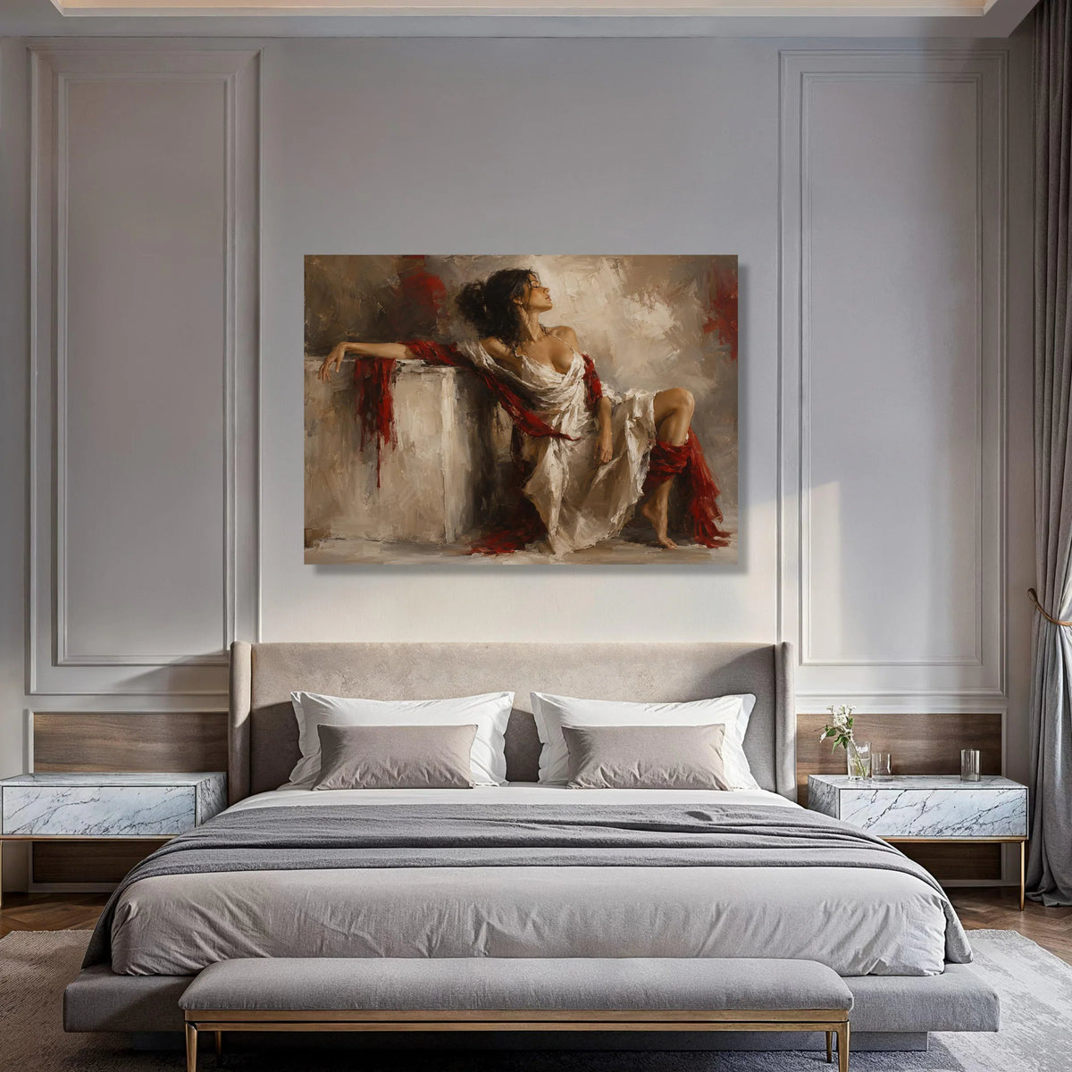 Elegant Woman White Dress Canvas, Red Draped Fabric Art, Classic Figure Painting, Romantic Home Wall Decor, Female Portrait Canvas Print Art