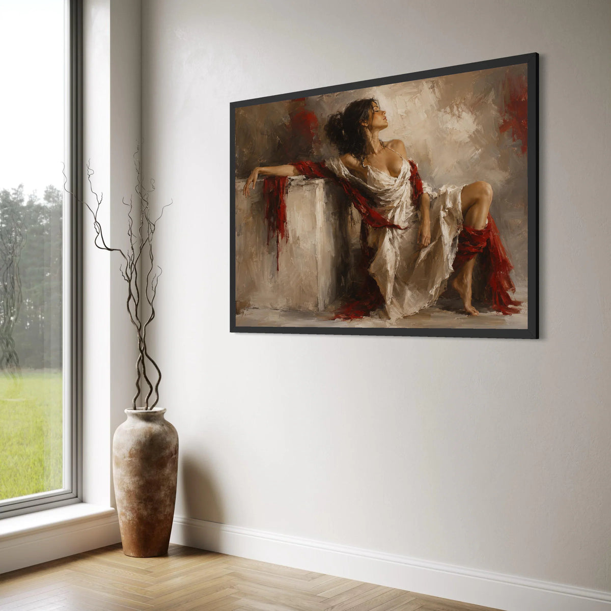 Elegant Woman White Dress Canvas, Red Draped Fabric Art, Classic Figure Painting, Romantic Home Wall Decor, Female Portrait Canvas Print Art
