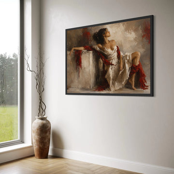 Elegant Woman White Dress Canvas, Red Draped Fabric Art, Classic Figure Painting, Romantic Home Wall Decor, Female Portrait Canvas Print Art