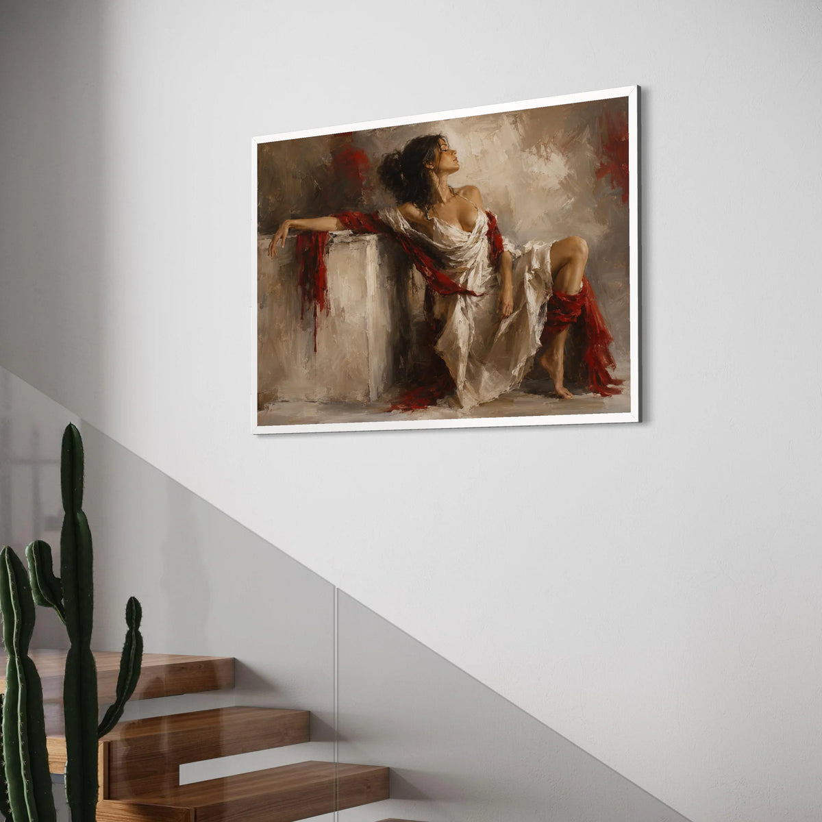 Elegant Woman White Dress Canvas, Red Draped Fabric Art, Classic Figure Painting, Romantic Home Wall Decor, Female Portrait Canvas Print Art