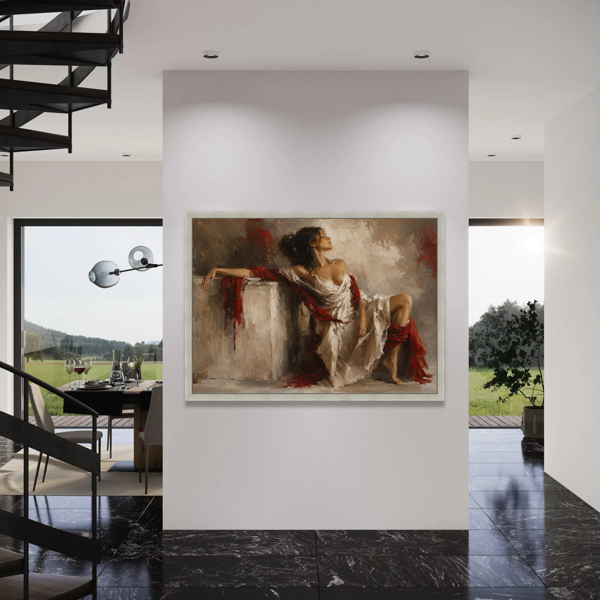 Elegant Woman White Dress Canvas, Red Draped Fabric Art, Classic Figure Painting, Romantic Home Wall Decor, Female Portrait Canvas Print Art