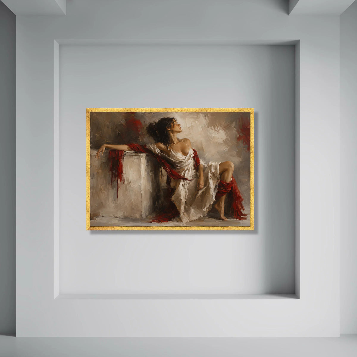 Elegant Woman White Dress Canvas, Red Draped Fabric Art, Classic Figure Painting, Romantic Home Wall Decor, Female Portrait Canvas Print Art