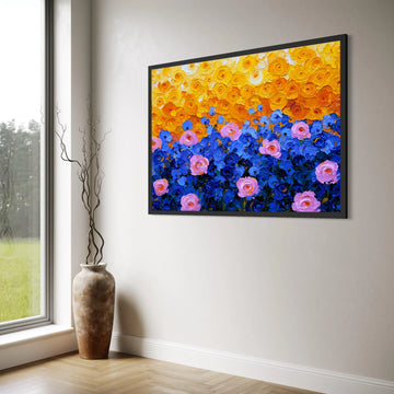 Vibrant Floral Canvas Wall Art, Colorful Rose Garden Painting, Yellow Orange and Blue Flowers, Modern Home Decoration, Ready to Print Art