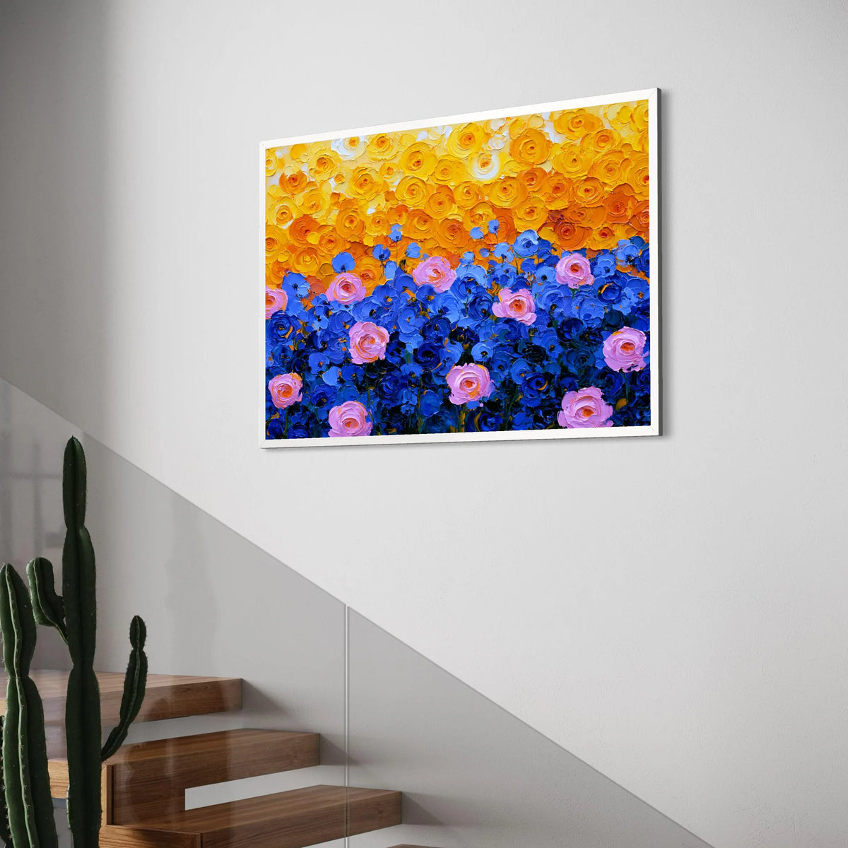 Vibrant Floral Canvas Wall Art, Colorful Rose Garden Painting, Yellow Orange and Blue Flowers, Modern Home Decoration, Ready to Print Art