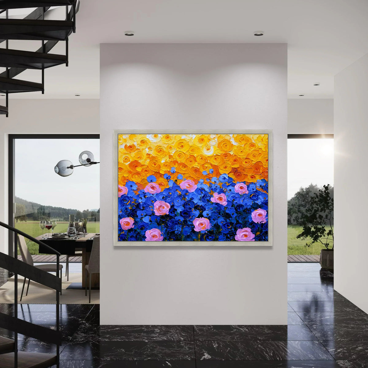 Vibrant Floral Canvas Wall Art, Colorful Rose Garden Painting, Yellow Orange and Blue Flowers, Modern Home Decoration, Ready to Print Art