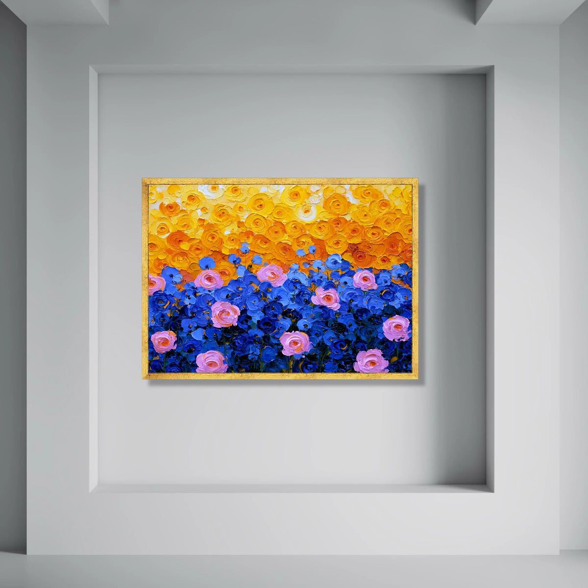 Vibrant Floral Canvas Wall Art, Colorful Rose Garden Painting, Yellow Orange and Blue Flowers, Modern Home Decoration, Ready to Print Art