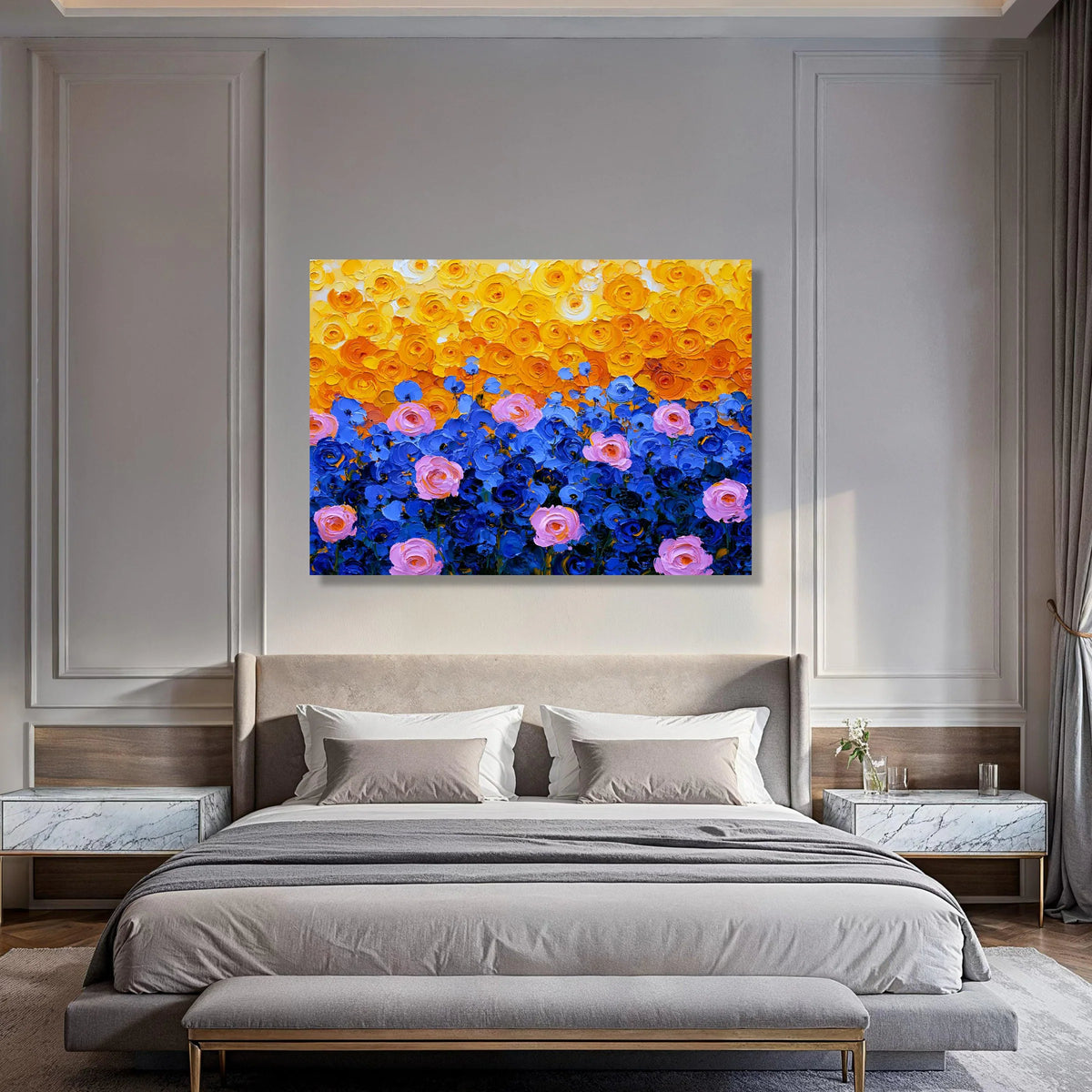 Vibrant Floral Canvas Wall Art, Colorful Rose Garden Painting, Yellow Orange and Blue Flowers, Modern Home Decoration, Ready to Print Art