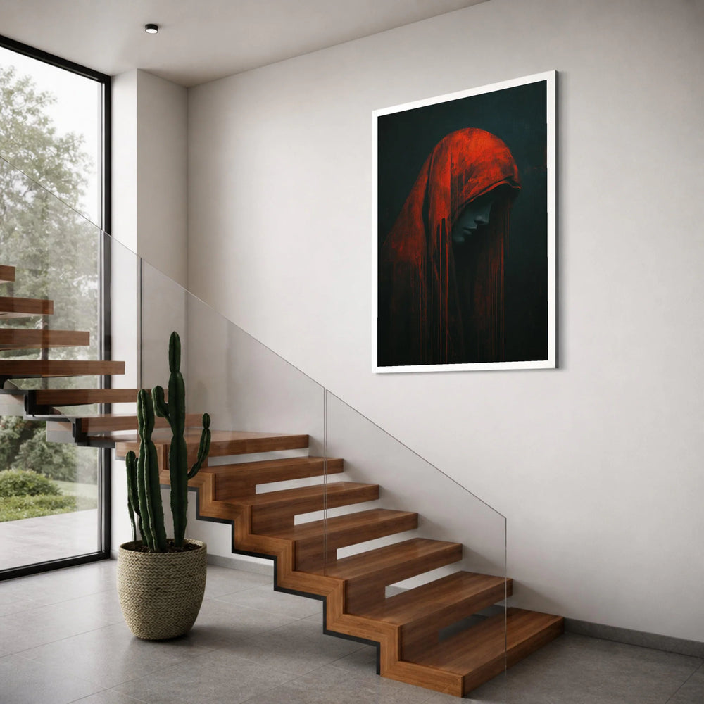 Mysterious Hooded Figure Canvas, Red Cloak Portrait Wall Art, Dark Moody Home Decoration, Gothic Theme Canvas Art, Modern Print Art