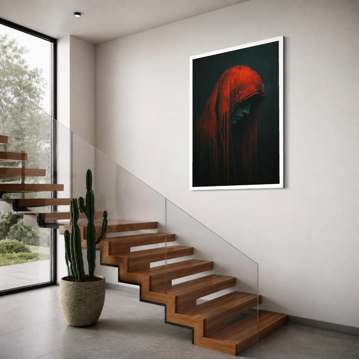 Mysterious Hooded Figure Canvas, Red Cloak Portrait Wall Art, Dark Moody Home Decoration, Gothic Theme Canvas Art, Modern Print Art